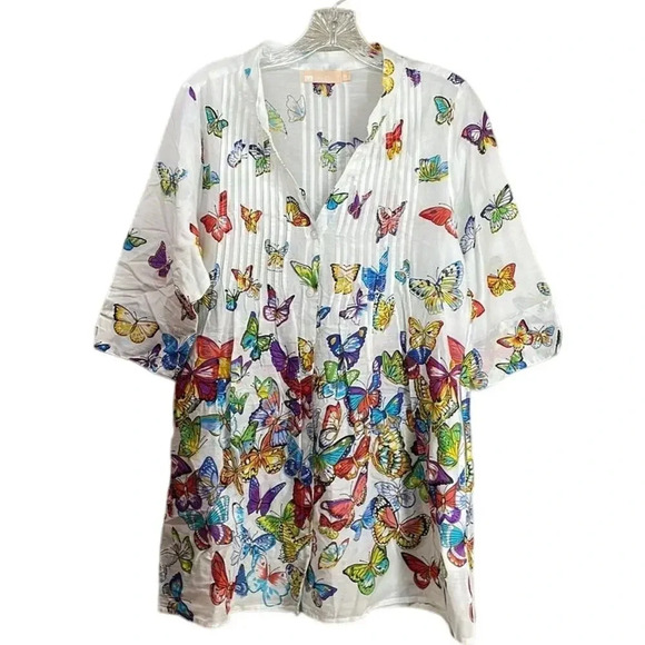 New LA Cera 100% Cotton Colorful Butterfly Design Top Size Medium (M) - Picture 1 of 10